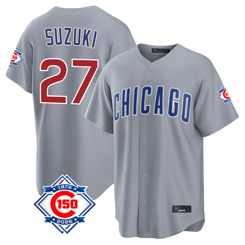 Chicago Cubs #27 Seiya Suzuki Player Gray BFRAILEY 150th Anniversary Home Game Stitched Jerseys