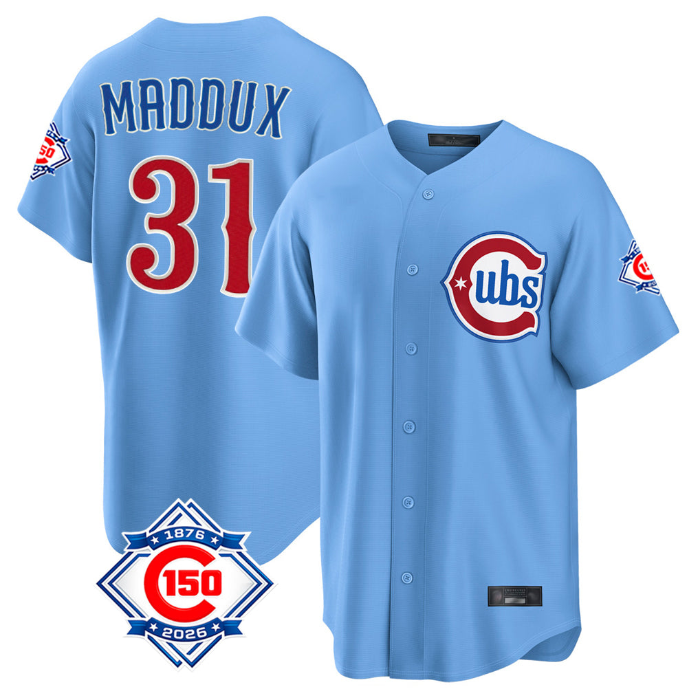 Chicago Cubs #31 Greg Maddux Player Light Blue BFRAILEY 150th Anniversary Home Game Stitched Jerseys