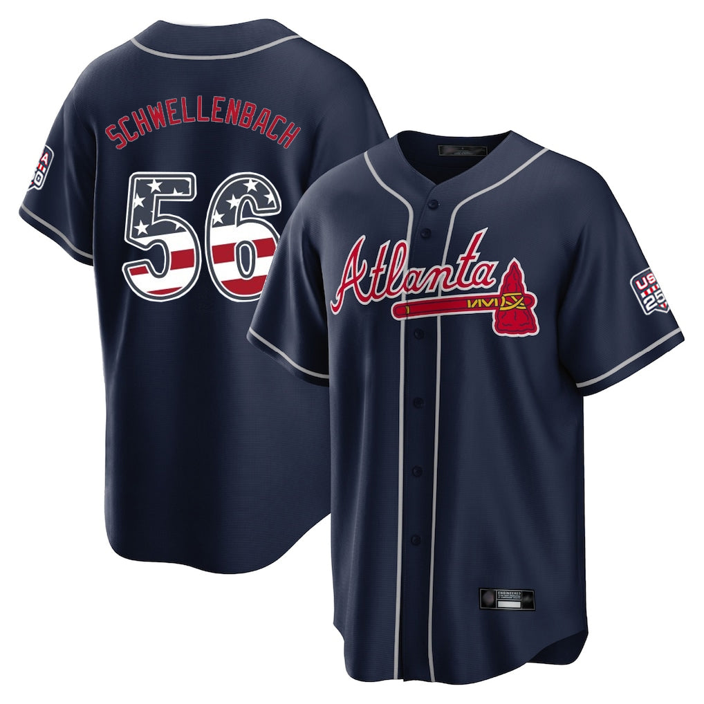 Atlanta Braves #56 Spencer Schwellenbach Player Navy BFRAILEY USA 250 Fourth Of July Limited Home Game Stitched Jerseys